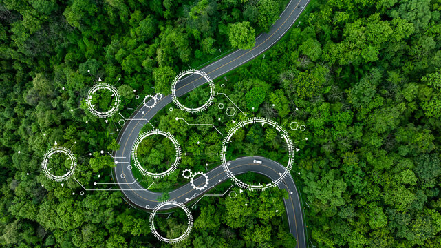 Electric vehicle or EV electrical energy for environment on forest road, Sustainable energy transportation, Electric car and EV electric energy for environment.