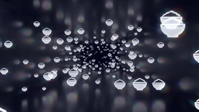 漆黒の空間に無数に漂う白いご飯茶碗アイコンと光の反射散乱のCG動画