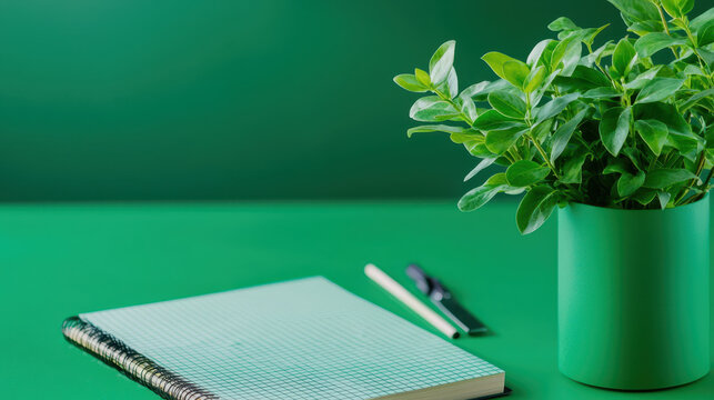 Green notebook rests on vibrant green surface next to potted plant, creating fresh and calming workspace atmosphere