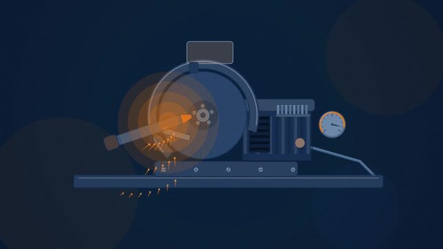 Abstract animated sparks flying from a bench grinder drawn as blue and cyan lines and shapes on a deep dark background. Seamless looping 4K motion graphics video with free space for text, ideal for ti