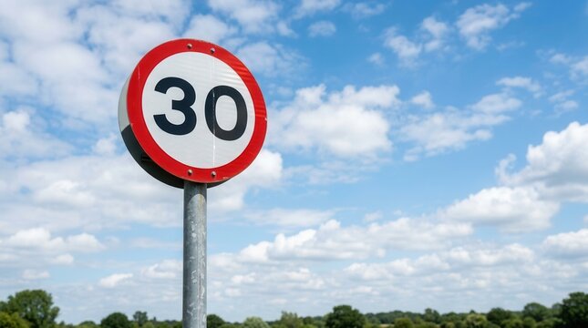 Thirty Mile Per Hour Speed Limit Sign Against Blue Cloudy Sky