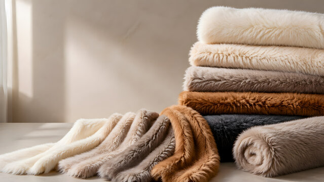 Luxurious faux fur blankets and throws stacked and draped in warm neutral tones