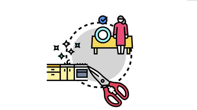 Kitchen proficiency concept displaying various tools and actions related to culinary skills and household management, including preparing food, cleaning dishes, and using kitchen utensils