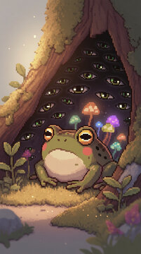 Retro pixel art scene of a chubby frog resting near glowing mushrooms under a dark tree hollow with glowing eyes