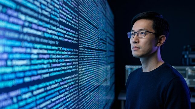 Focused programmer examining lines of code on a large screen in a dim room.
