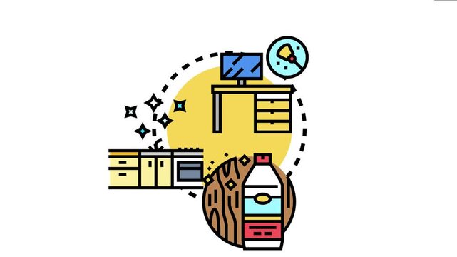 Cleaning service concept showing kitchen countertop sanitization, house maintenance, and product application for various surfaces, ensuring hygiene and freshness