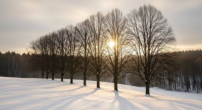 Row of bare trees in a snowy field at sunset during winter