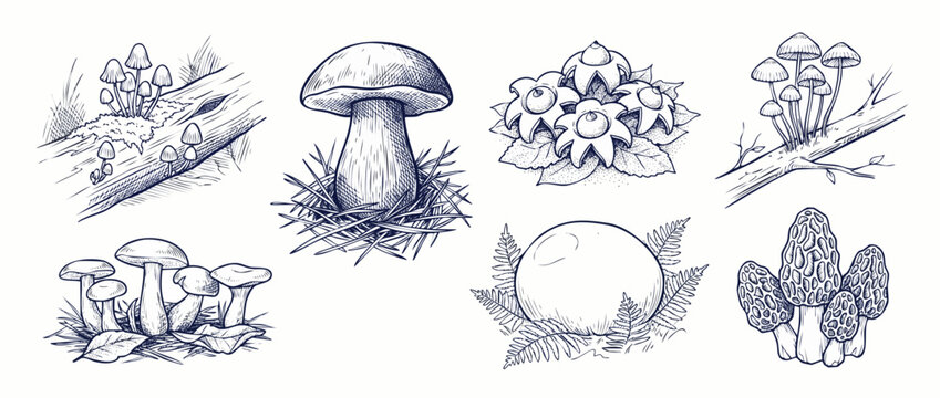 Vintage mushroom illustration sketch set showing wild forest fungi including porcini, morel, puffball, and earthstar in botanical hand drawn line art style for nature background design elements.