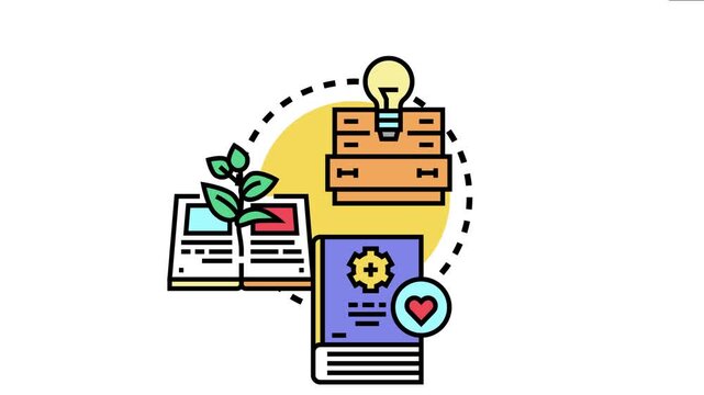 Knowledge acquisition process showing resources, books, and lightbulb representing learning, innovation, self education, and professional development paths for individual growth