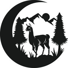 Naklejka premium Llama Crescent Moon Mountain Wildlife Art