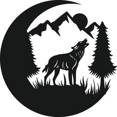 Naklejka premium Wolf Crescent Moon Mountain Wildlife Art