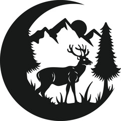Naklejka premium Deer Crescent Moon Forest Wall Art