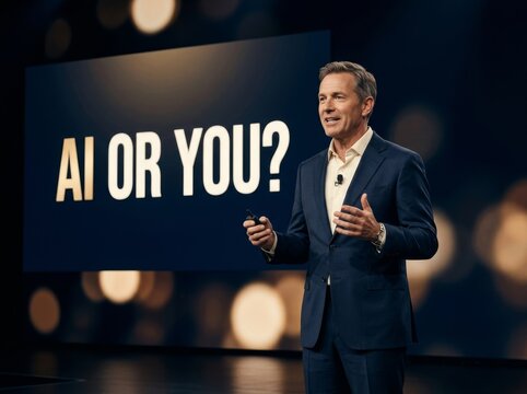 A confident man in a suit discusses AI topics on stage with a big screen background.