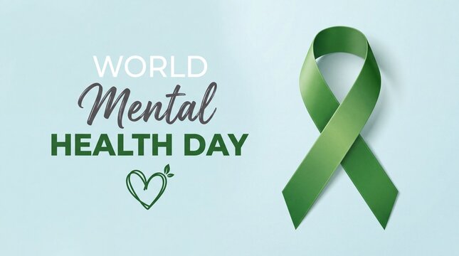 World mental health day green awareness ribbon with handdrawn heart