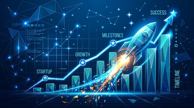 Abstract business growth chart with launching rocket symbolizing startup success and development