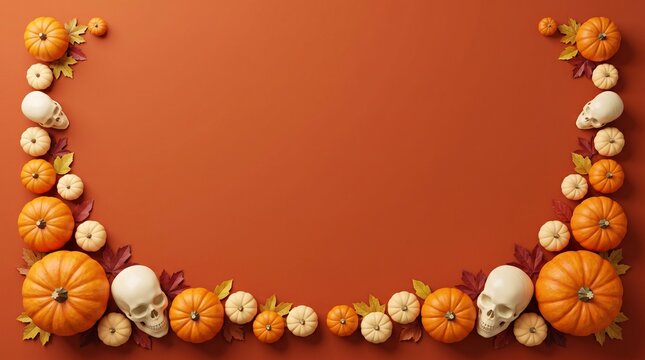 Halloween border frame with pumpkins and skulls on orange background