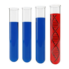 Test tubes with blue liquid and DNA helix container