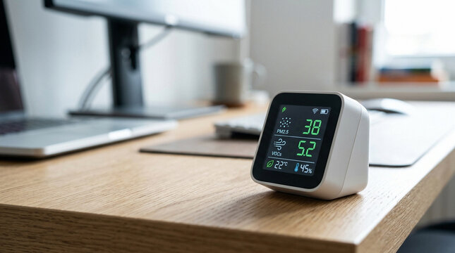 Smart Air Quality Monitor Displaying Environmental Data on Office Desk