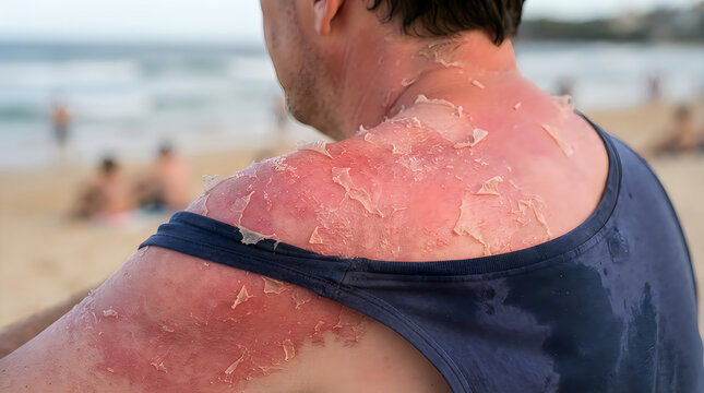 Man with severe sunburn on back and shoulders at beach