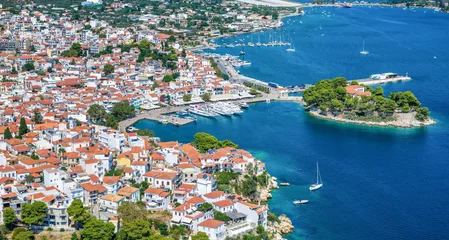 Aerial summer day view of the old port at the town of Skiathos island, Sporades, Greece © moofushi