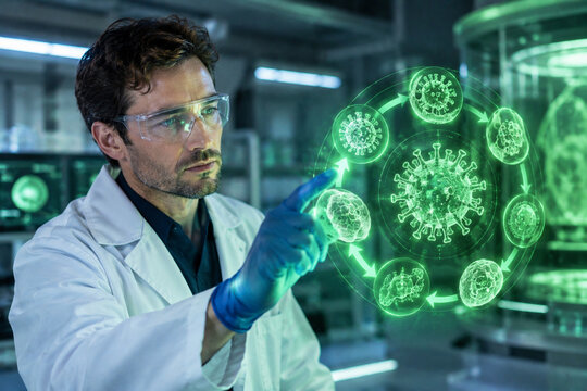 AI generated American virologist examining glowing viral lifecycle hologram futuristic laboratory focused pathogen research infectious disease biotechnology