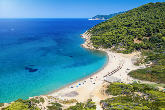 Aerial view of the beautiful beach at Agistros at Skiathos island, Sporades, Greece