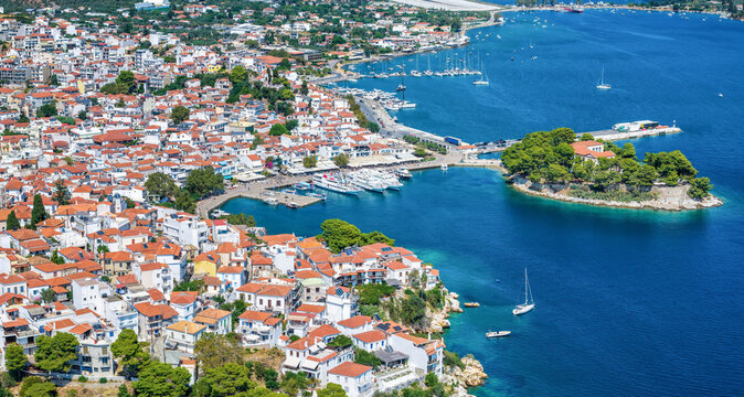 Aerial summer day view of the old port at the town of Skiathos island, Sporades, Greece