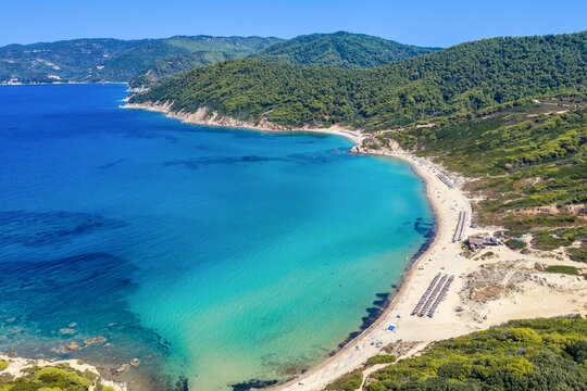 Aerial view of the beautiful beach at Elia at Skiathos island, Sporades, Greece