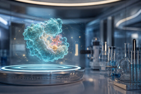 AI generated molecular enzyme substrate interaction displayed as glowing hologram futuristic laboratory scientific equipment clean space for medical research