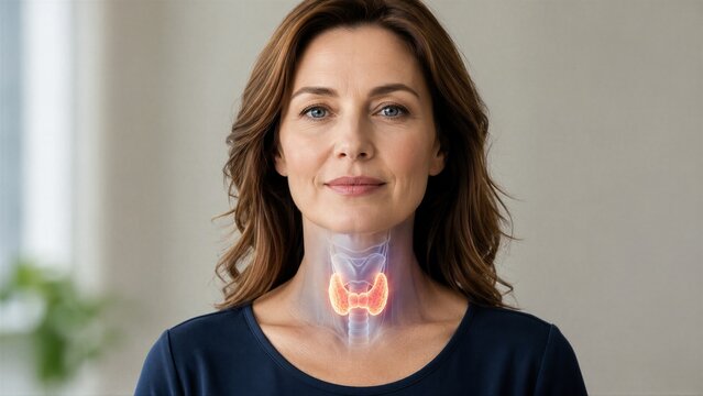 Woman with glowing digital thyroid gland visualization. Medical anatomy illustration on human neck for endocrinology diagnosis. Healthcare concept for endocrine system research and treatment.