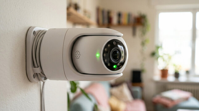 White smart security camera mounted on a living room wall