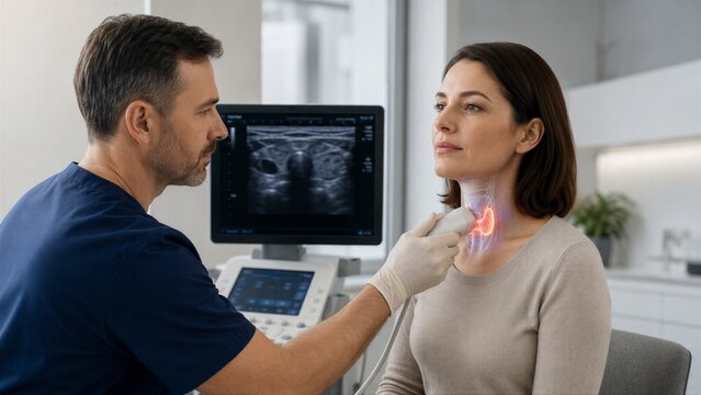Doctor performing thyroid ultrasound scan on woman patient. Diagnostic medical examination of neck using modern technology. Healthcare professional checking endocrine system health status.