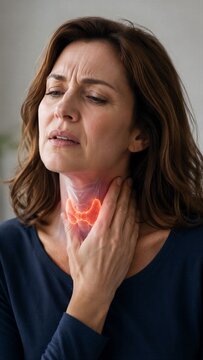 Woman touching neck with highlighted thyroid gland. Medical visualization of endocrine system disorder. Concept of thyroiditis or hormonal imbalance, healthcare research and diagnosis.