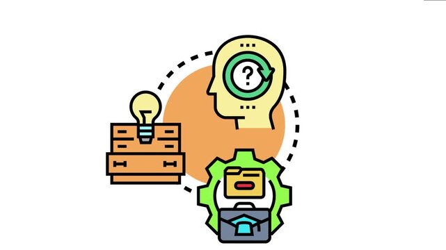 Human head icon knowledge input, question mark in mind representing new ideas, light bulb symbolizing creativity, and documents in briefcase representing data acquisition