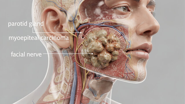 Myoepithelial carcinoma of parotid gland 3D medical illustration, head and neck anatomy