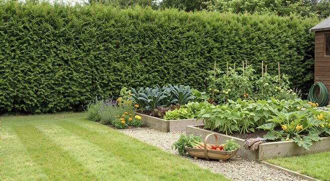 Lush vegetable garden with raised beds and a tall evergreen privacy hedge. Harvested vegetables in a wooden basket. Backyard garden design and self-sufficiency concept
