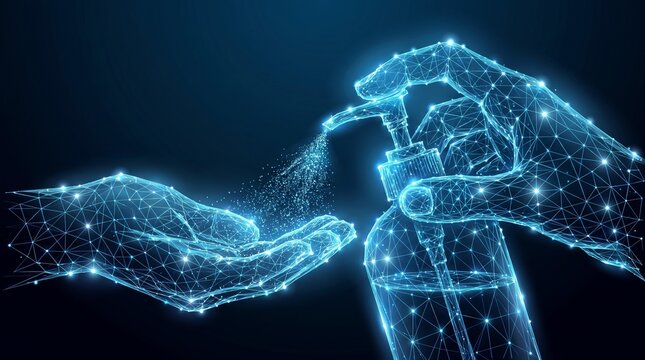 Glowing digital wireframe hands applying liquid sanitizer from a pump bottle in this abstract medical hygiene themed scientific visualization artwork