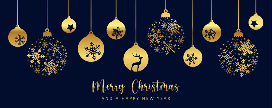 merry christmas card with golden hanging ball decoration vector illustration
