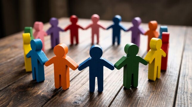 Colorful wooden figurines holding hands in a circular formation representing unity diversity teamwork community and strong social global connection concepts