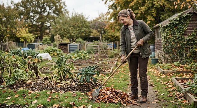 Woman raking fallen autumn leaves in a vegetable garden. Seasonal yard cleanup and maintenance. Backyard garden with raised beds