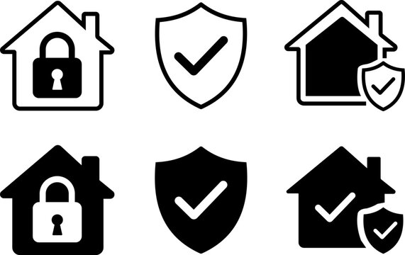 Home security vector icon set in black and white, featuring locked house, shield with checkmark, and combined symbols on transparent background isllustration.