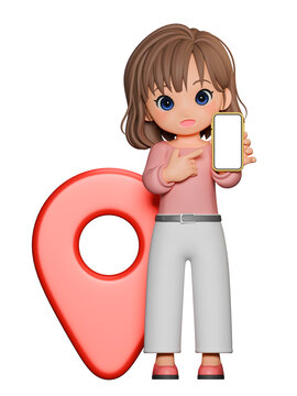 3D CG｜スマートフォンを使って位置情報を共有する若い日本人女性