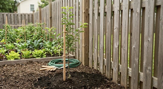 Tree sapling planted near a wooden garden fence. Young fruit tree with stake and gardening tools in a backyard