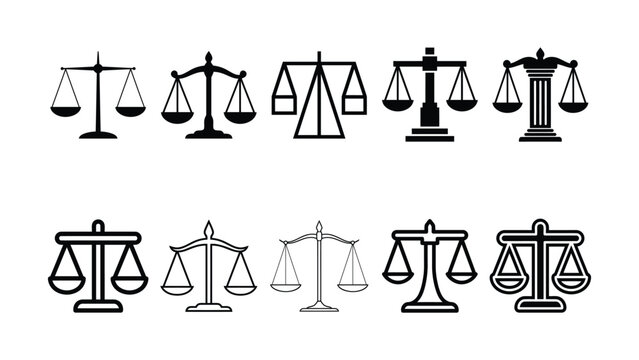 Justice scales icon set featuring law and balance symbols, legal judgement signs, and court logo concepts. Vector illustration isolated on white background. EPS 10.