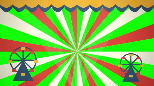 Animated carnival background with spinning wheels and colorful sunburst