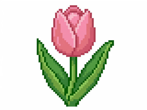 Pixel art style pink tulip flower icon isolated on white background
