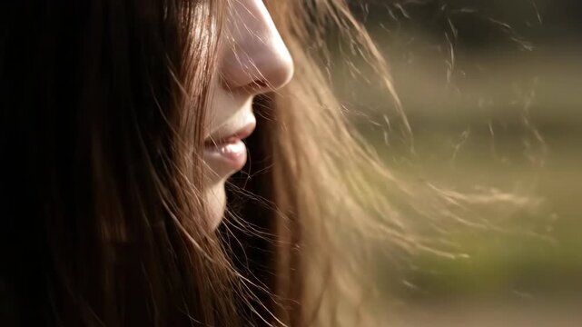 Close-up profile view of a young woman's face with soft lighting highlighting her features and windblown hair against a blurred outdoor setting.