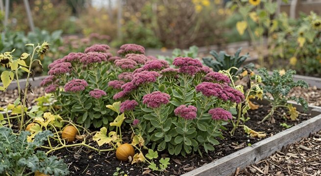 Pink sedum stonecrop flowers in an autumn garden bed. Succulent plants with small pumpkins and kale. Fall harvest theme in vegetable patch