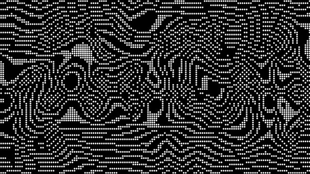 Dense black and white pixel waves create a complex abstract pattern with digital distortion, optical illusion, intricate geometry, rhythmic texture, and futuristic character creative backdrop