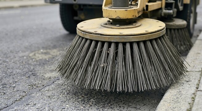Close up of a metal wire brush on a street sweeping machine. Industrial equipment for urban road cleaning and sanitation